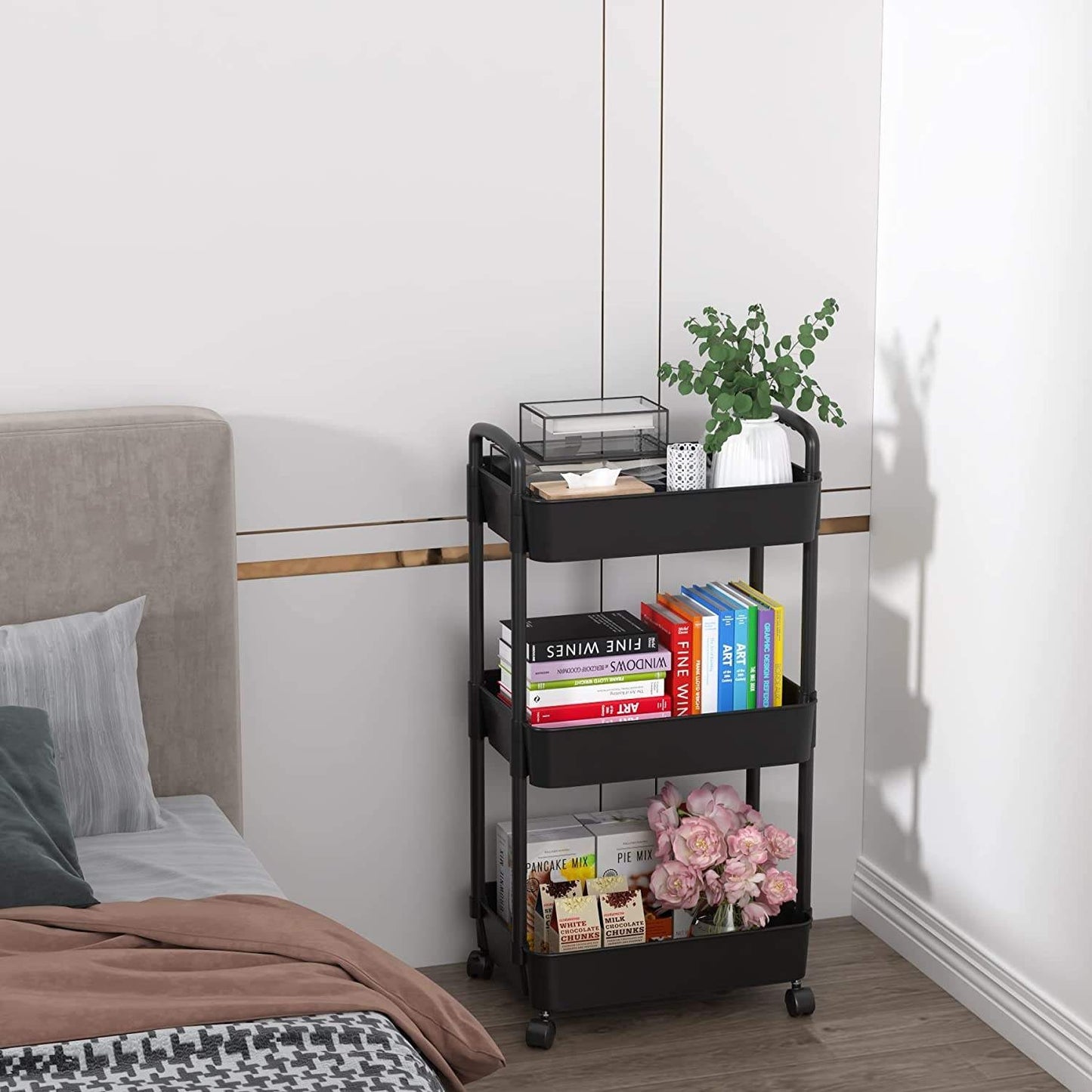3-Tier Kitchen Organizer - Plastic Rolling Utility Cart with Handle