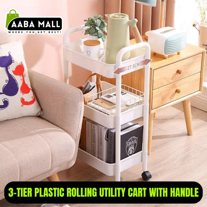 3-Tier Kitchen Organizer - Plastic Rolling Utility Cart with Handle (White)
