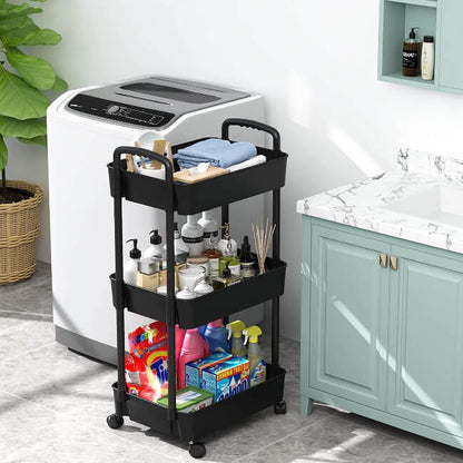 Black utility cart with cleaning supplies in a kitchen setting
