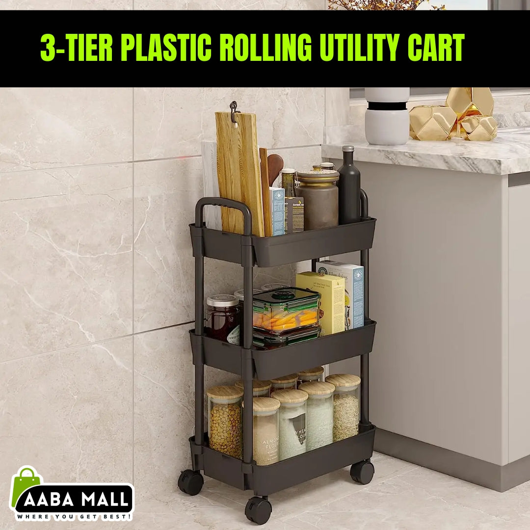 3-Tier Kitchen Organizer - Plastic Rolling Utility Cart with Handle