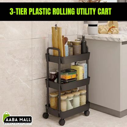 3-Tier Kitchen Organizer - Plastic Rolling Utility Cart with Handle
