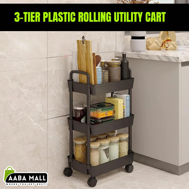 3-tier plastic rolling utility cart with various items in a kitchen setting, featuring AABA MALL branding.