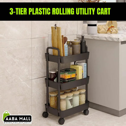 3-tier plastic rolling utility cart with various items in a kitchen setting, featuring AABA MALL branding.