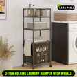 3-Tier Rolling Laundry Hamper with Wheels | Multi-Compartment Clothes Basket | Rustic Style Plastic Laundry Organizer for Bedroom, Bathroom & Home