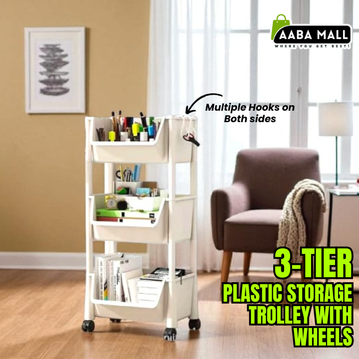 3-Tier Rolling Storage Cart with Wheels | Multi-Layer Plastic Trolley | Small Moveable Shelf Organizer for Home, Kitchen, Bathroom & Office - AABA MALL