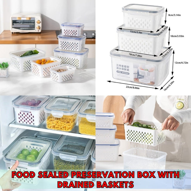 Set of three stackable fridge storage containers with green, blue, and clear lids, showing inner detachable drain basket with fresh berries and vegetables.