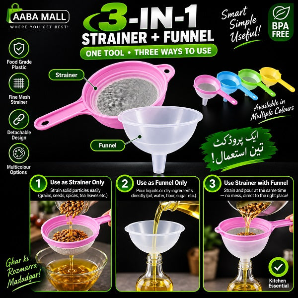 3 in 1 kitchen strainer and funnel with detachable design for straining liquids and pouring oil, grains and other ingredients