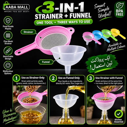 3 in 1 kitchen strainer and funnel with detachable design for straining liquids and pouring oil, grains and other ingredients