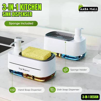 3-in-1 kitchen sink organizer or 'Bartan dhonay wala stand' (dishwashing stand). It features a hand soap dispenser, a sponge holder with a yellow scrubbing sponge, and a dish soap container below. All-in-one 'Saaf Safai' (cleaning) solution for your kitchen counter COD AABA MALL