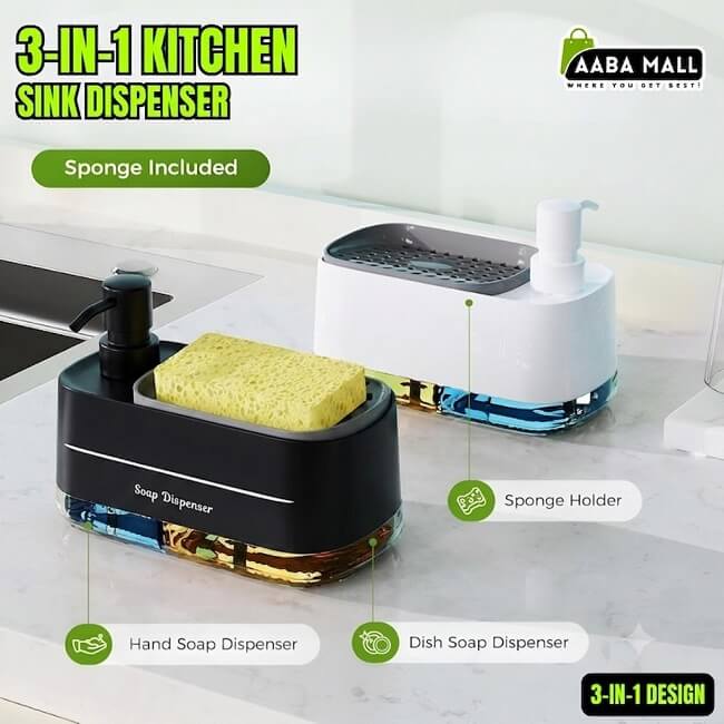 3-in-1 kitchen sink organizer or 'Bartan dhonay wala stand' (dishwashing stand). It features a hand soap dispenser, a sponge holder with a yellow scrubbing sponge, and a dish soap container below. All-in-one 'Saaf Safai' (cleaning) solution for your kitchen counter COD AABA MALL
