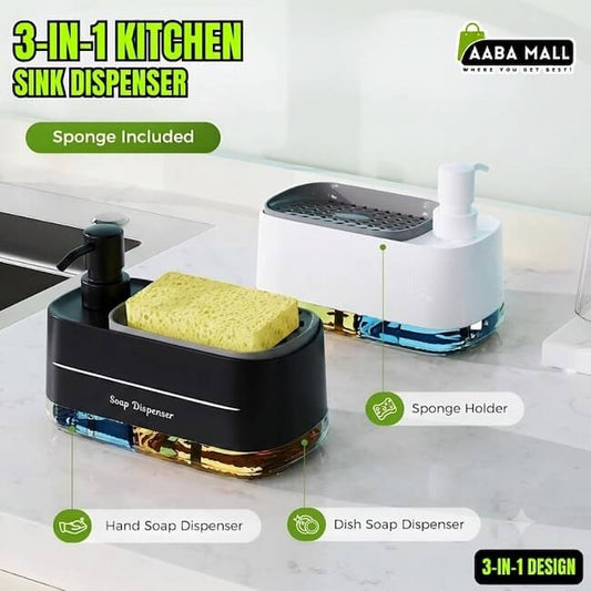 3-in-1 kitchen sink organizer or 'Bartan dhonay wala stand' (dishwashing stand). It features a hand soap dispenser, a sponge holder with a yellow scrubbing sponge, and a dish soap container below. All-in-one 'Saaf Safai' (cleaning) solution for your kitchen counter COD AABA MALL