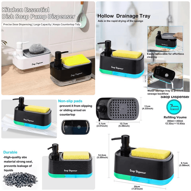3-in-1 kitchen sink organizer or 'Bartan dhonay wala stand' (dishwashing stand). It features a hand soap dispenser, a sponge holder with a yellow scrubbing sponge, and a dish soap container below. All-in-one 'Saaf Safai' (cleaning) solution for your kitchen counter COD AABA MALL