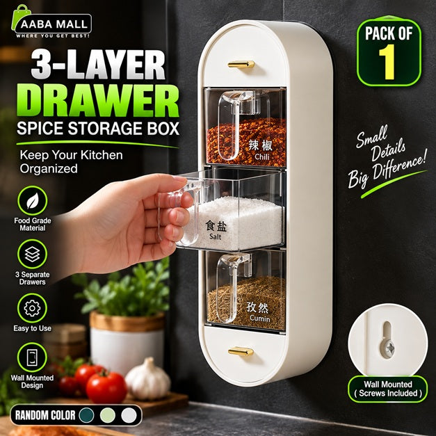 3 layer drawer spice storage box wall mounted kitchen organizer with separate compartments for salt spices and masala storage