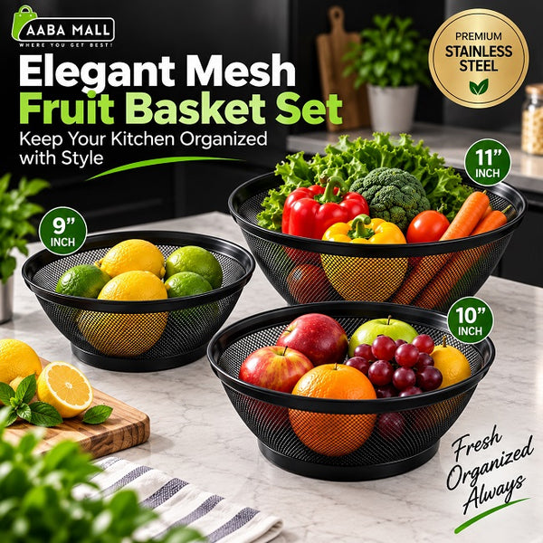 3 piece stainless steel mesh fruit basket set in 9 inch 10 inch and 11 inch sizes for fruits and vegetables