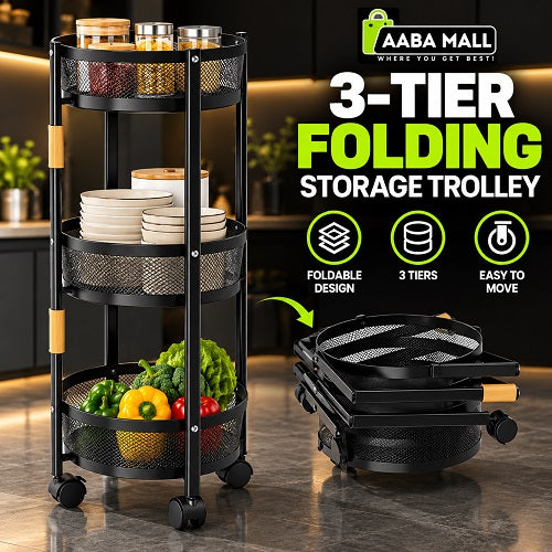 3 tier folding storage trolley with wheels for organizing kitchen items, dishes, groceries and household essentials