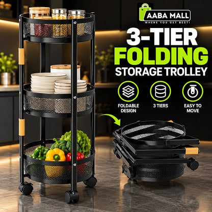 3 tier folding storage trolley with wheels for organizing kitchen items, dishes, groceries and household essentials