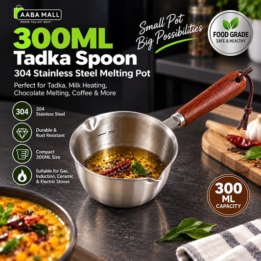 300ml 304 stainless steel tadka spoon melting pot with wooden handle for tadka, milk heating and chocolate melting