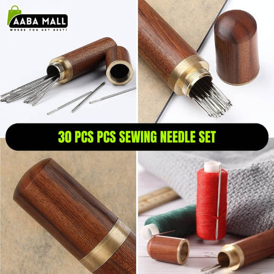 30-piece sewing needle set with wooden handle and metal needles, displayed on a white background.