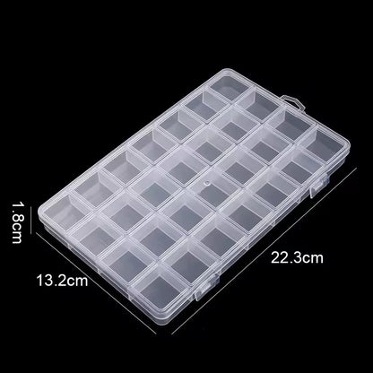 Clear plastic compartmentalized box with dimensions on a black background