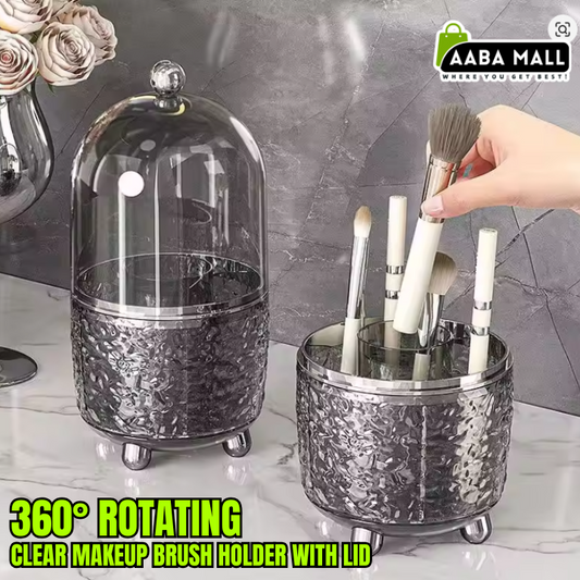 Clear Makeup Brush Holder with Lid | 360° Rotating Dustproof Organizer | Vanity Desktop Cosmetic Storage Box