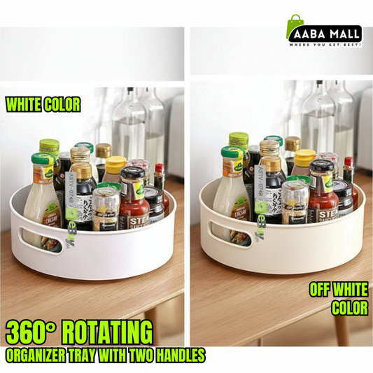 360° rotating organizer tray with two handles on kitchen counter