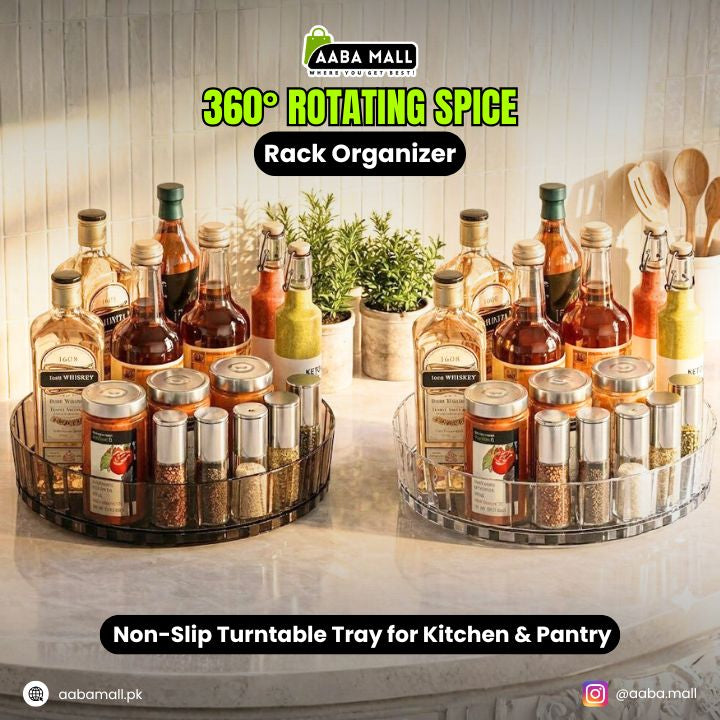 Spice rack organizer with bottles and containers on a turntable tray, labeled 'AABA MALL'.