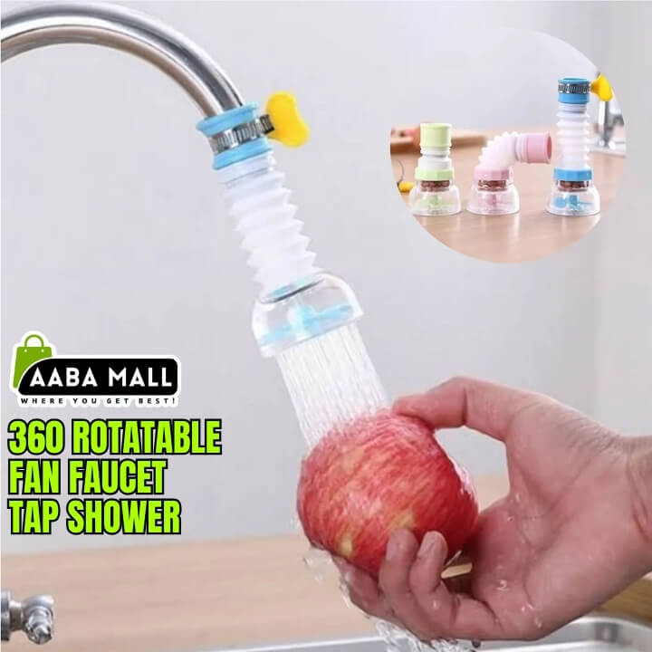 360 rotatable fan faucet tap shower with a hand holding an apple under water, displayed on a kitchen sink.