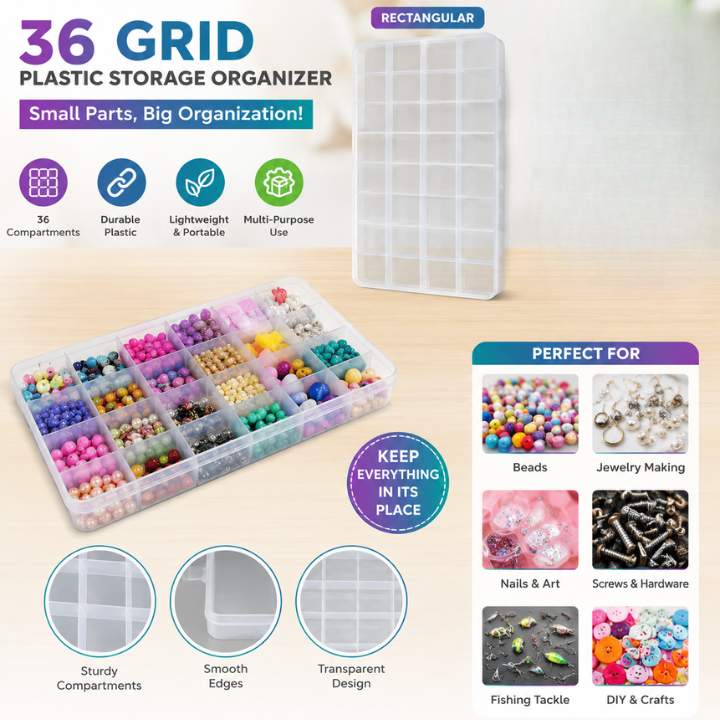 36-grid plastic storage organizer with colorful beads and text highlighting features and uses. AABA MALL 