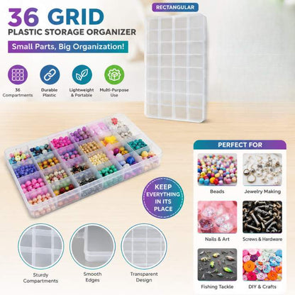 36-grid plastic storage organizer with colorful beads and text highlighting features and uses. AABA MALL 