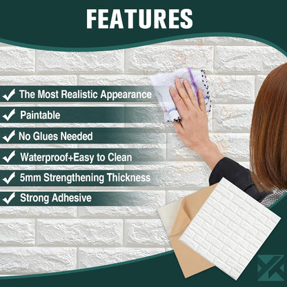 Close-up of installed 3D white brick wall panels showing realistic texture and soft foam padding on a living room wall. Size 77x74 cm