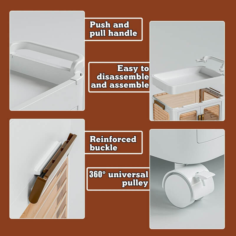 Collage of a white cabinet with features highlighted on a brown background