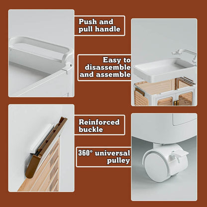 Collage of a white cabinet with features highlighted on a brown background