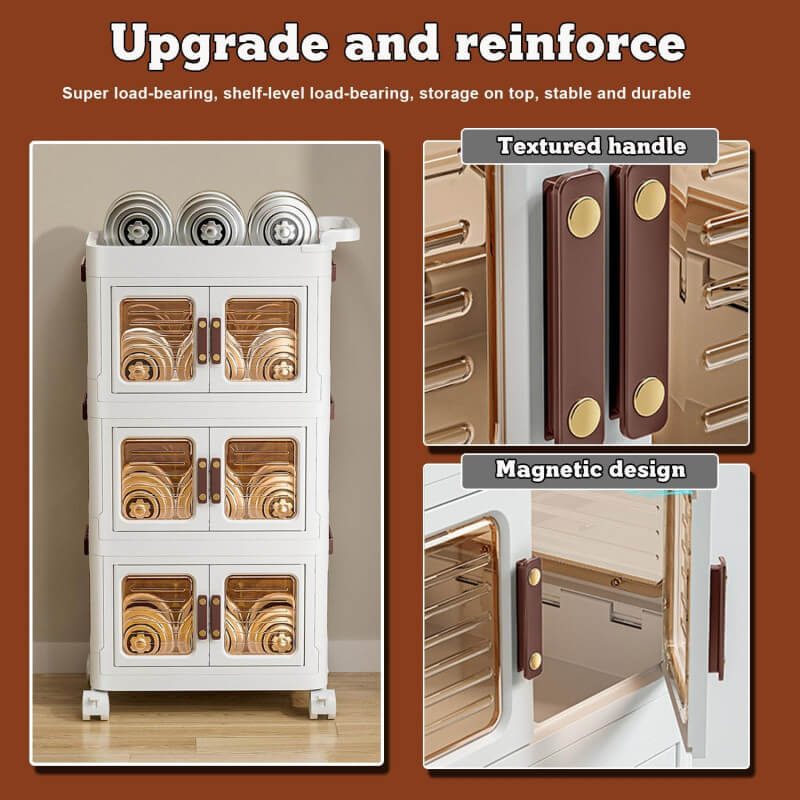 Storage cabinet with textured handles and magnetic design on a brown background