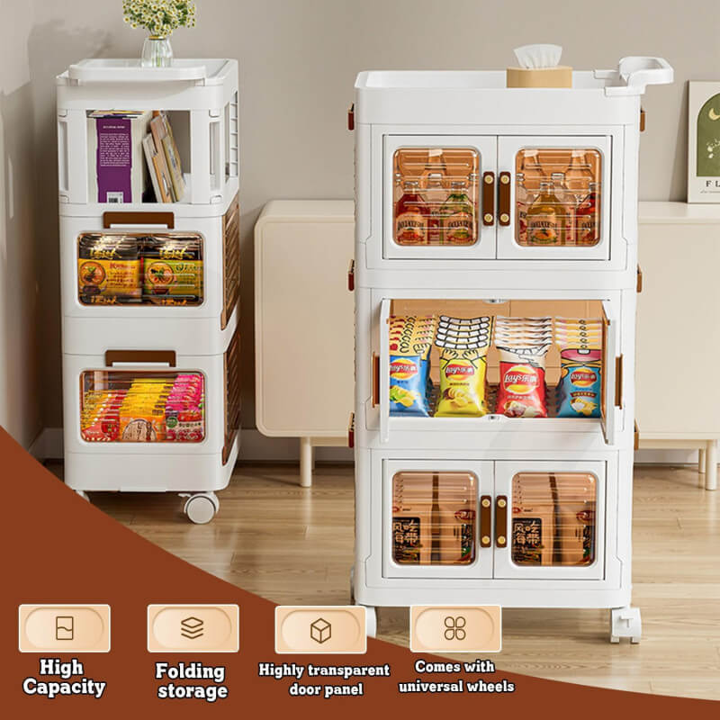 White storage cart with transparent doors filled with snacks in a room setting.