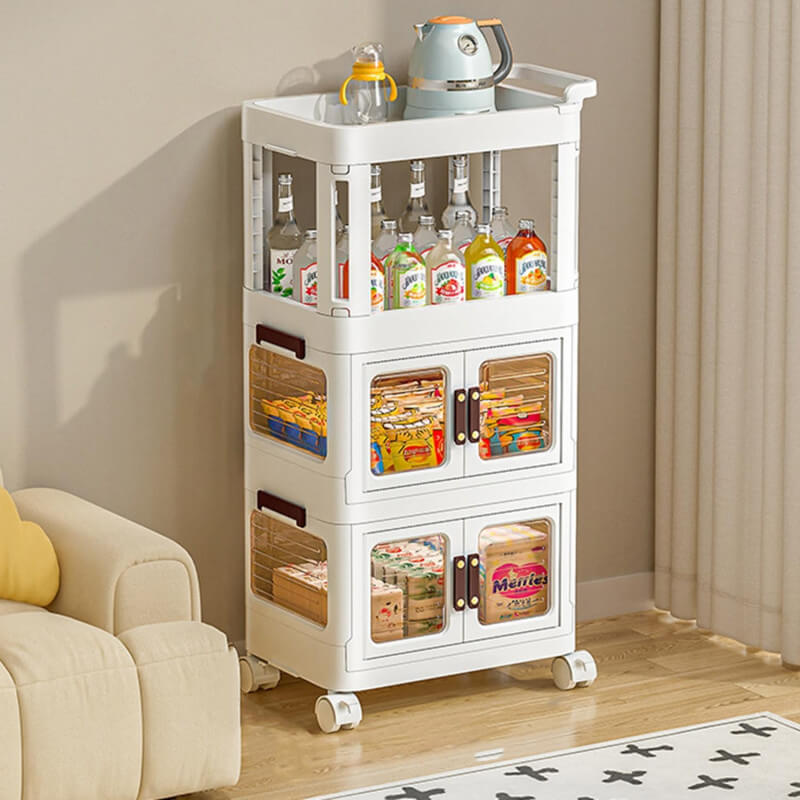 White bar cart with drinks and snacks in a living room setting