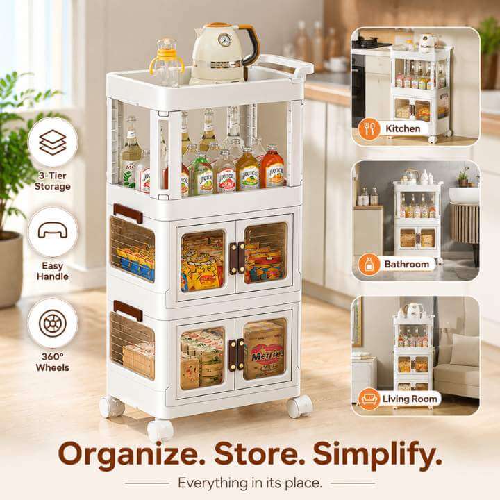 Multifunctional storage cart with various items in a kitchen setting, featuring text 'Organize. Store. Simplify.'