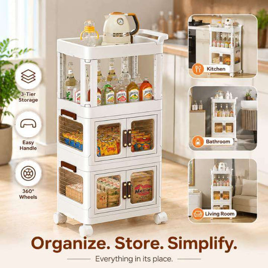 Multifunctional storage cart with various items in a kitchen setting, featuring text 'Organize. Store. Simplify.'