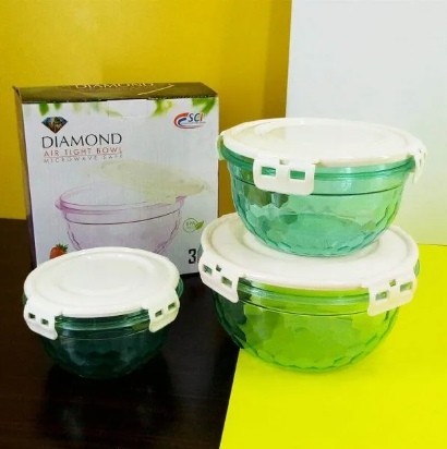 Diamond Plastic Transparent Air-Tight Bowl Set (3 Pcs)