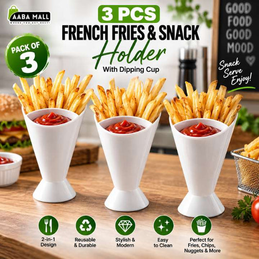 3 Pcs French Fries & Snack Holder with Cone Dipping Cup – Reusable Snack Serving Stand