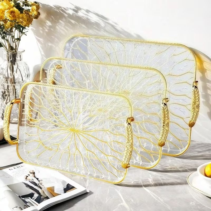 Set of 3 Golden Branch Design Food Service Trays – PET Snack & Fruit Serving Trays