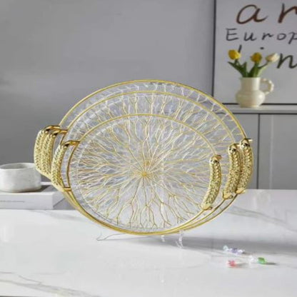 Set of 3 Round Golden Branch Design Food Service Trays – PET Snack & Fruit Serving Trays