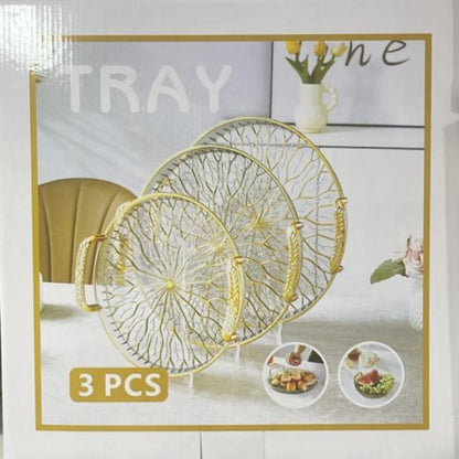 Set of 3 Round Golden Branch Design Food Service Trays – PET Snack & Fruit Serving Trays