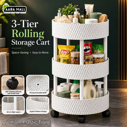 A 3-tier rolling plastic storage cart in textured off-white, shown filled with household items and set against a dark interior background. The image includes marketing text, feature callouts, and product icons highlighting features like 360-degree wheels, high build, and multiple storage layers.