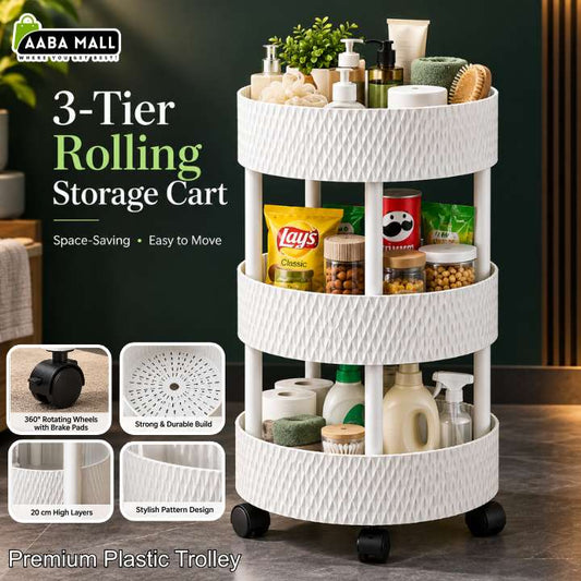 A 3-tier rolling plastic storage cart in textured off-white, shown filled with household items and set against a dark interior background. The image includes marketing text, feature callouts, and product icons highlighting features like 360-degree wheels, high build, and multiple storage layers.