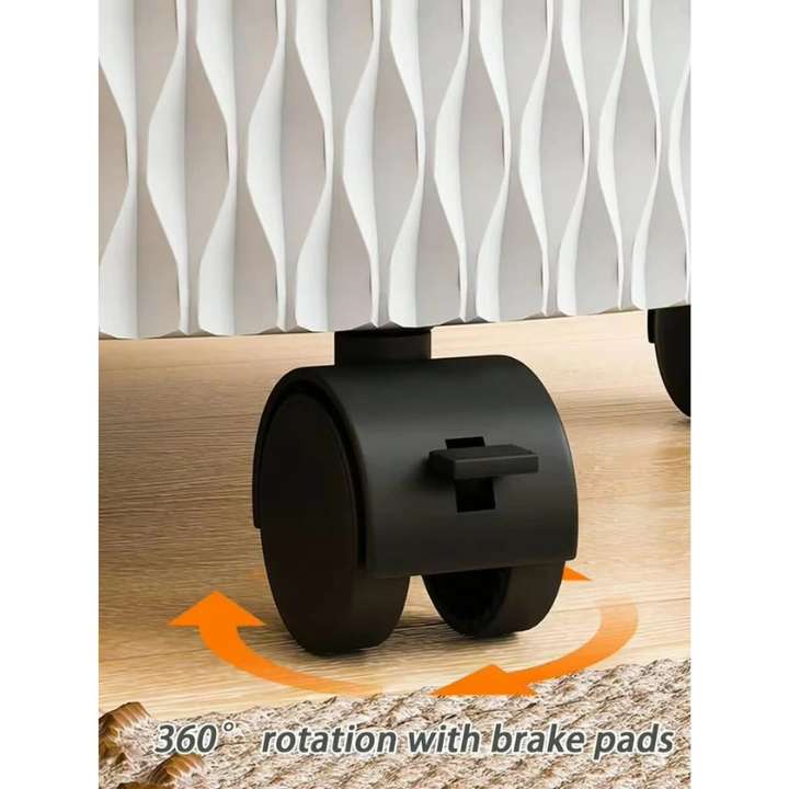 Black caster wheel with brake pad shown under a white radiator on a wooden floor, with orange arrows indicating 360-degree rotation and text reading '360° rotation with brake pads'.