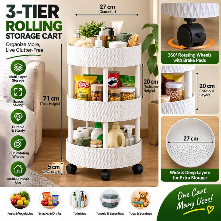 A 3-tier rolling storage cart shown in a styled room scene with furniture, plants, and household items, plus multiple callout panels explaining dimensions, wheels, storage layers, and use cases. Because a real interior environment is visible, this fits Lifestyle rather than Product/Packaging, even though the product is still clearly featured.