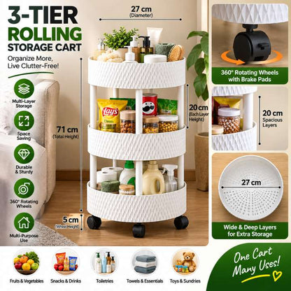A 3-tier rolling storage cart shown in a styled room scene with furniture, plants, and household items, plus multiple callout panels explaining dimensions, wheels, storage layers, and use cases. Because a real interior environment is visible, this fits Lifestyle rather than Product/Packaging, even though the product is still clearly featured.
