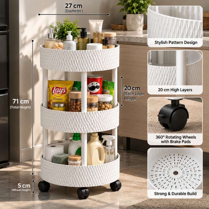 A three-tier white rolling storage cart with black wheels, shown in a kitchen setting with overlaid dimension labels and feature callouts including 27 cm diameter, 71 cm total height, 20 cm layer height, 360° rotating wheels, and a stylish textured pattern.