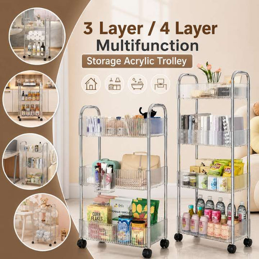 3 Layer / 4 Layer Multifunction Storage Acrylic Trolley Rolling Utility Cart – Slim Sliding Organizer Rack for Bathroom, Kitchen & Living Room