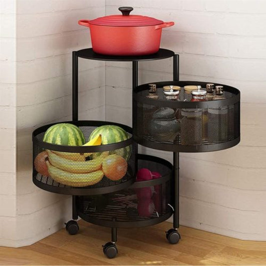 3 Layer Metal Wire Mesh Fruit & Vegetable Storage Rotating Trolley - AABA MALL